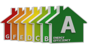 Visual representaion of EPC ratings featuring differnt coloured buildings